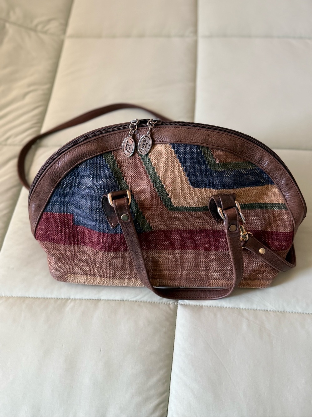 Vintage bag by Marco Avane. A hand-loomed kilim or dhurrie rug body, 1980s-1990s